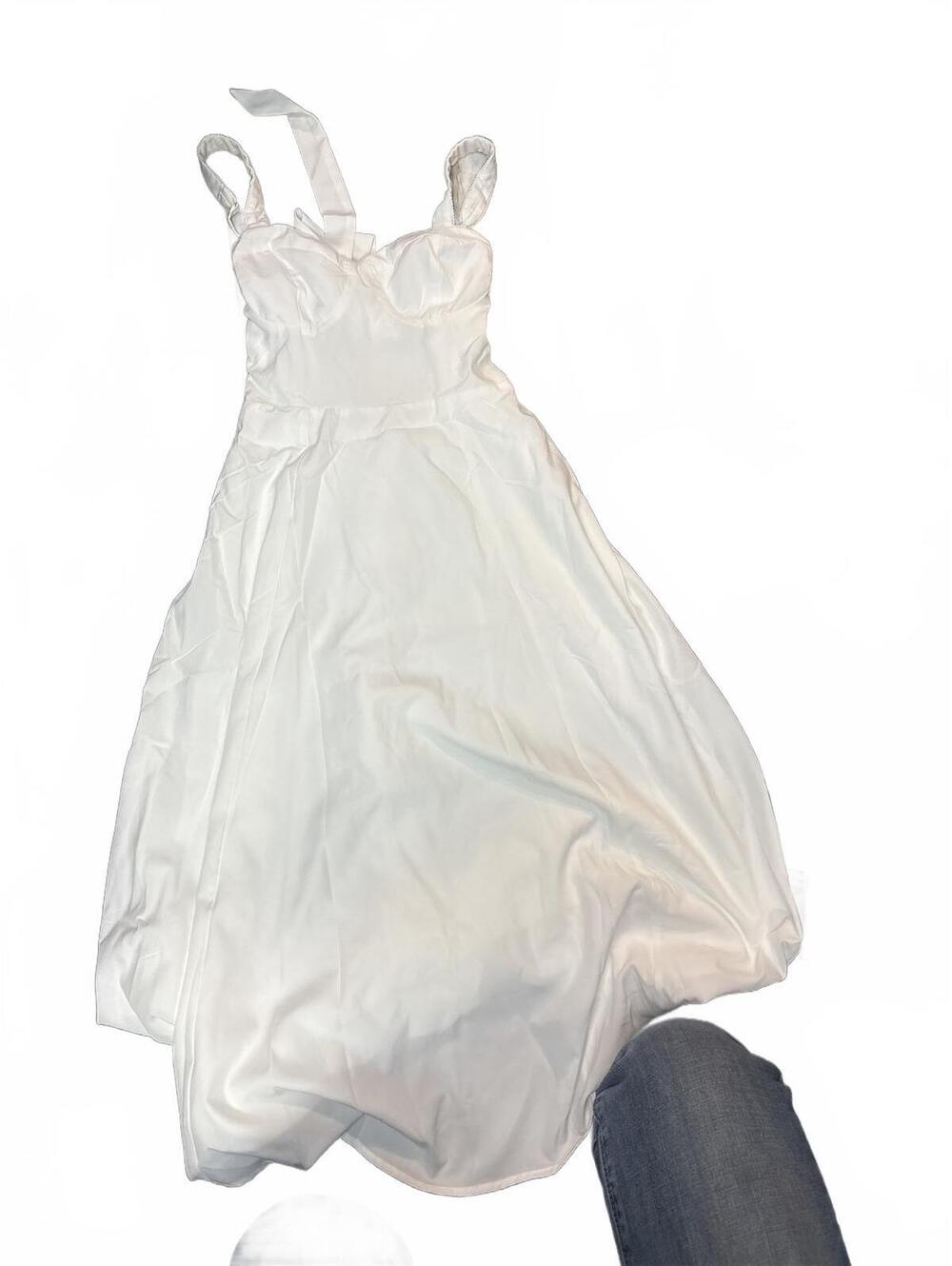 Women White Midi Maxi Dress Sweetheart Neckline Bow Back Smocked Waist